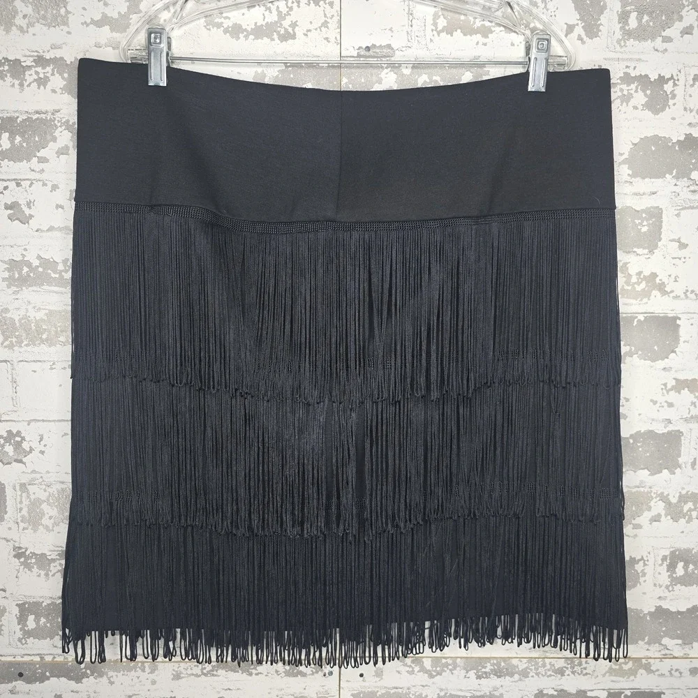 Naeem Khan Skirt Womens 16 Black Fringed Heavyweight Zipper‎ Designer Fashion